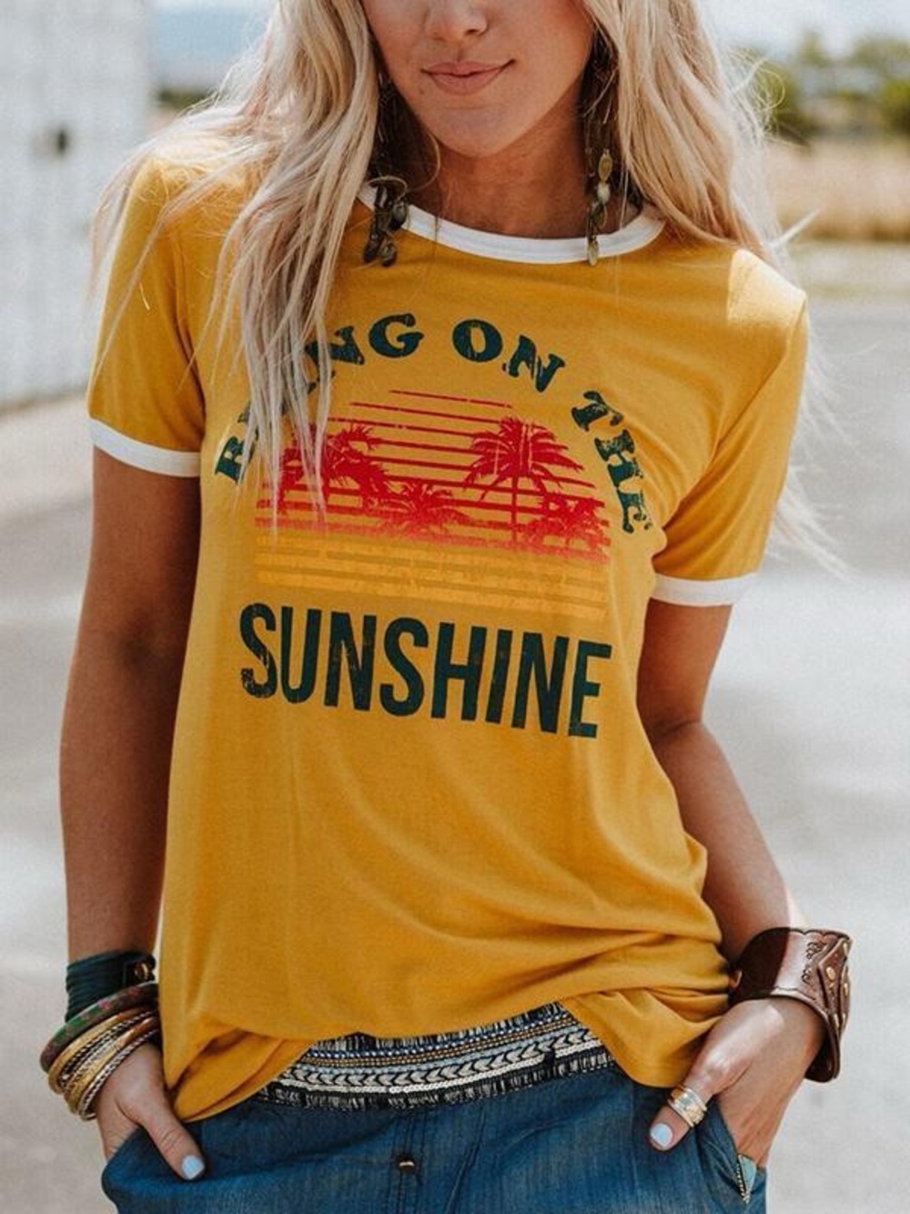 Sunny Graphic Ringer Tee - Yellow with Red & Green Print